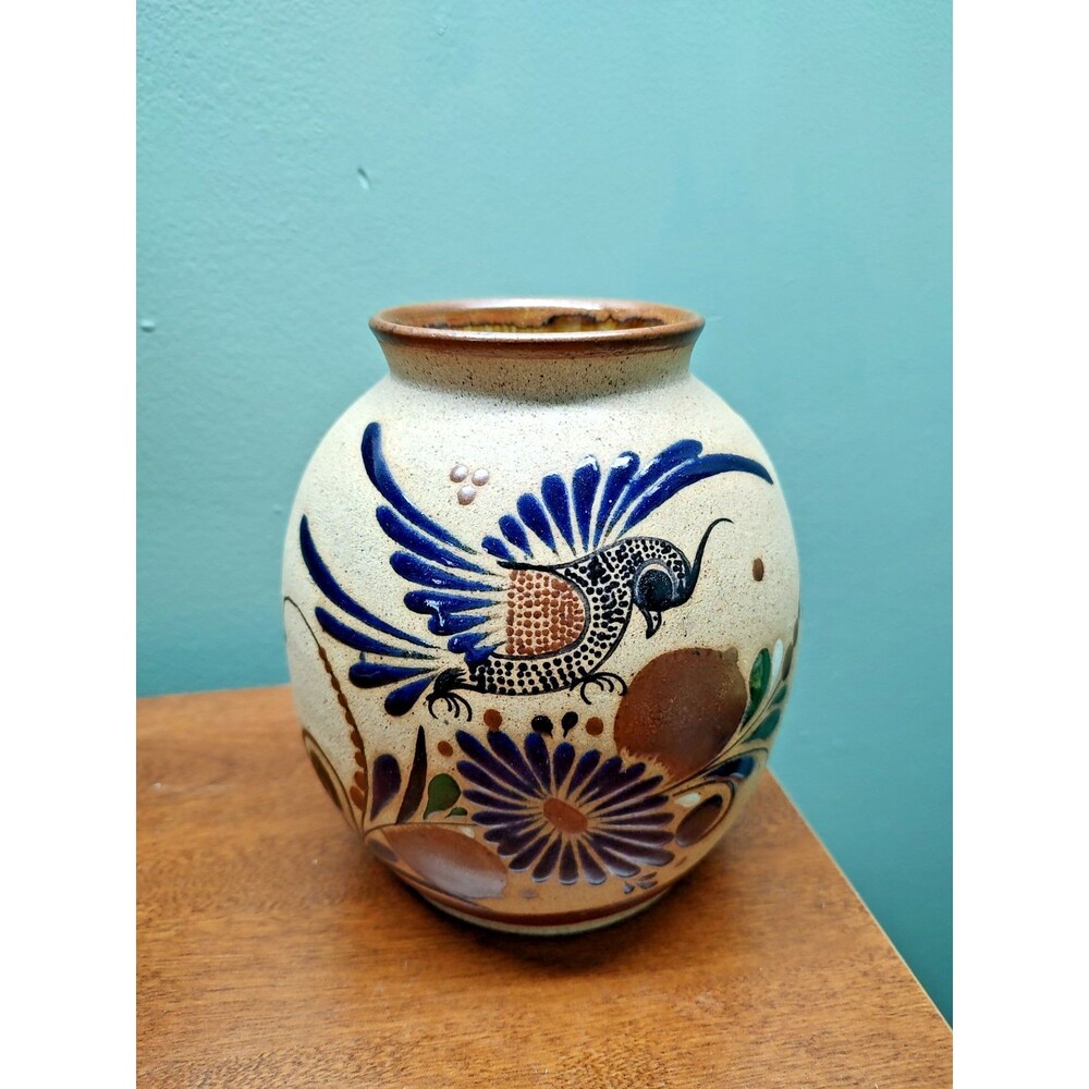 Vintage Folk Art Tonala Mexico Hand Painted Pottery Bird Vase 6-1/2" tall